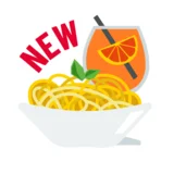 Eine Grafik mit einer Schale Spaghetti und einem Getränk und der Aufschrift "NEW".