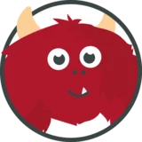 Ein fröhliches rotes Monster mit einem Zahn und zwei Hörnern.