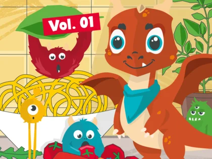 Grafik mit kleinen Monstern und einem freundlichen Drachen für das Mal- und Rätselheft Vol.1.