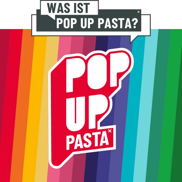"POP UP PASTA" auf farbigen Hintergrund.
