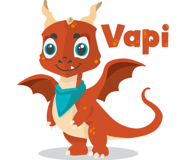 Ein glücklicher Drache mit einem Zahn und einem türkisen Halstuch.