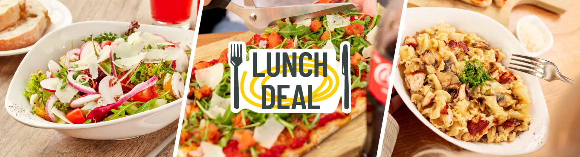 Im Hintergrund befinden sich verschiedene Gerichte wie Pasta oder Salat. In der Mitte steht "Lunch Deal".