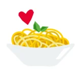 Eine Grafik mit einer Schale Spaghetti und einem roten Herz.